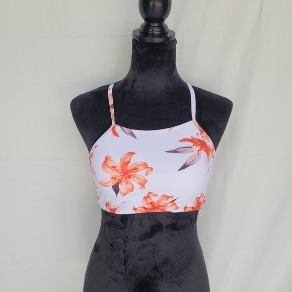 NwOT Shein Orange White Floral Print Swim Top High Neck Strap Sz Large L - Picture 4 of 11
